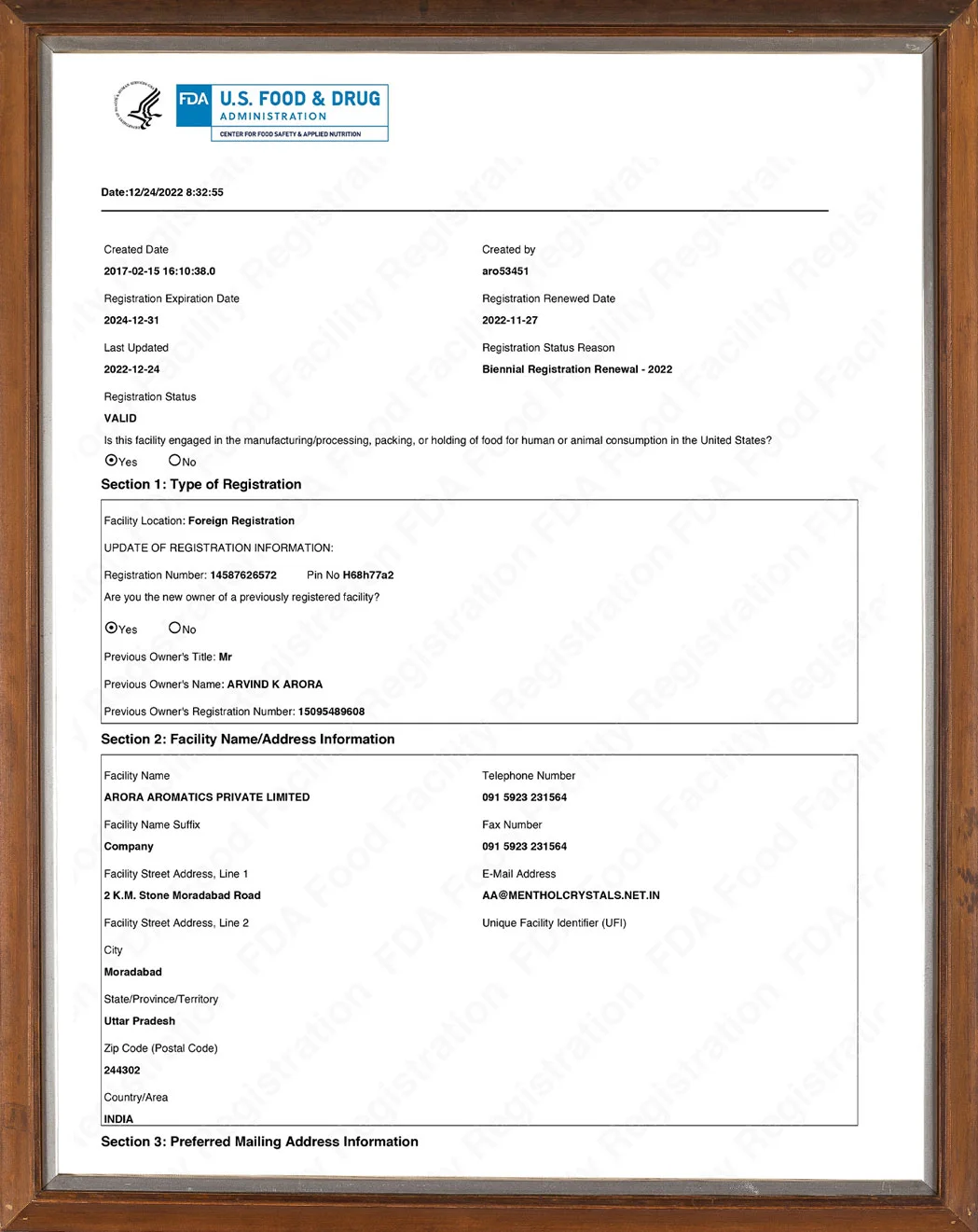 Arora Aromatics Pvt. Ltd. Certificates